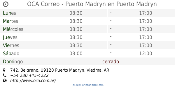 fingir Creo que para mi 🕗 OCA Correo - Puerto Madryn Puerto Madryn horarios, 742, Belgrano, tel.  +54 280 445-4222