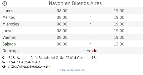 ? Navon Buenos Aires horarios, 346, Avenida Raúl Scalabrini Ortíz, tel.  +54 11 4854-7048